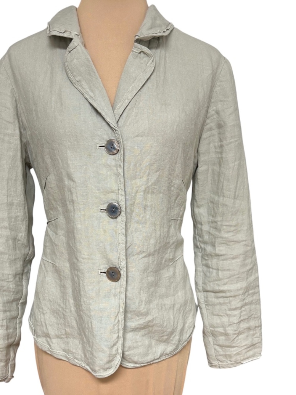 top J JILL beige S linen long sleeve pearl buttons collar classic minimalist